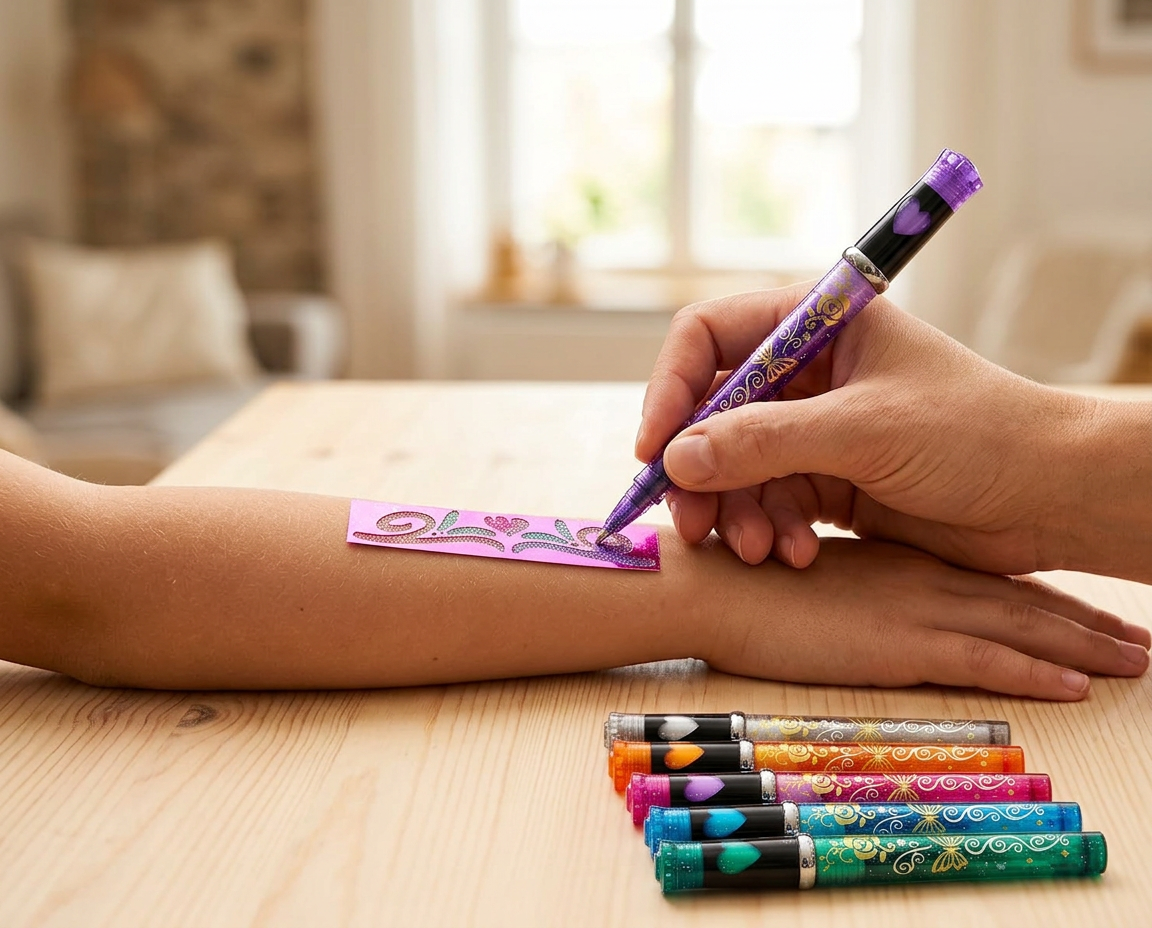 Funduro glitter pens beside the reusable stencil sheet