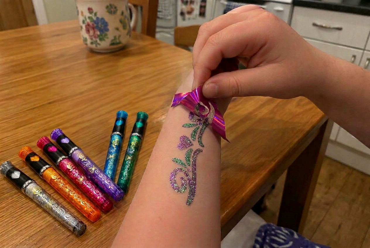 Six Funduro glitter pens with the included stencil sheet