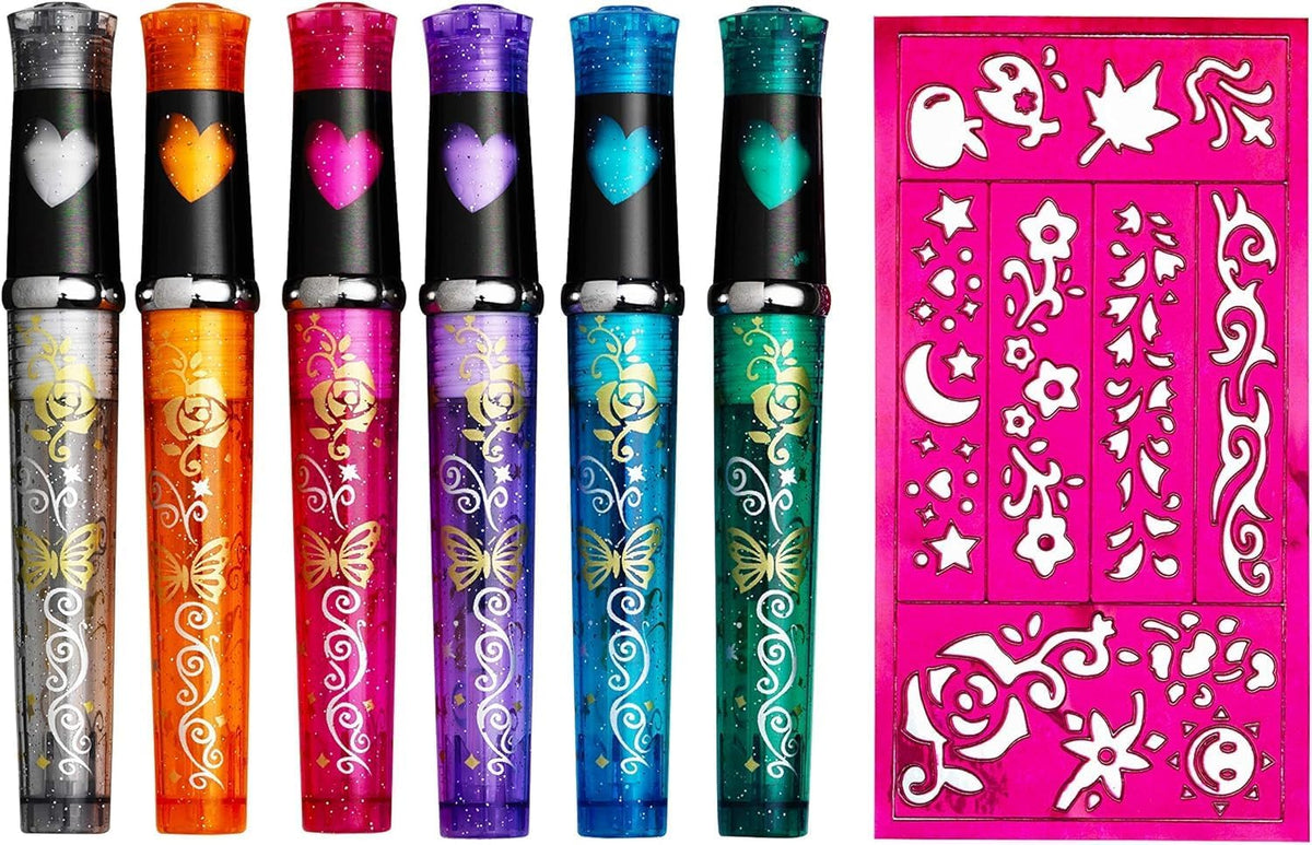 Funduro Children's Tattoo Pens with Glitter, 6 Colours and 6 Stencils, Set